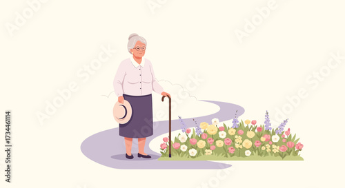 Elderly woman strolling through garden path with flowers enjoying retirement time illustration