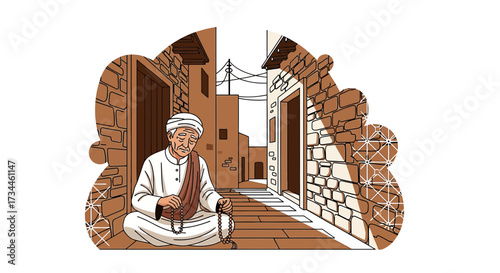 Elderly man in traditional clothing meditating with prayer beads in ancient alleyway setting