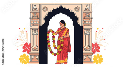 Elegant illustration of Indian woman in traditional sari with floral garland and temple arch