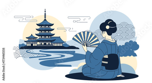 Elegant Japanese Geisha with Fan Overlooking Pagoda, Peaceful Artistic Composition