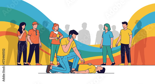 Emergency assistance scenario illustration with bystanders and victim with a rescuer calling for