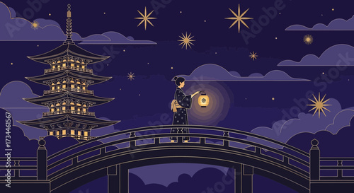Enchanting illustration of a woman in kimono with a lantern on a bridge at night amid japanese