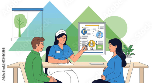 Expectant couple consulting with doctor about pregnancy stages with chart illustration