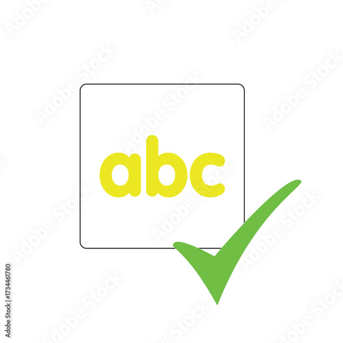 Fundamental learning concept depicted with yellow lowercase 'abc' letters inside a white square, paired with a green checkmark, symbolizing approved basic knowledge and educational success