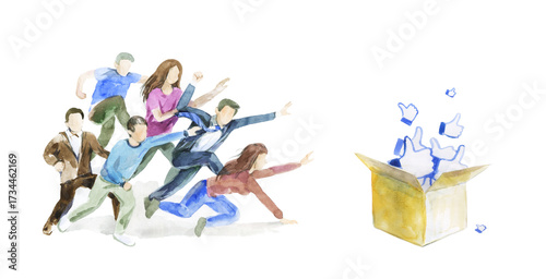 Cuadro en lienzo Watercolor illustration of chaotic people pushing and climbing over each other i