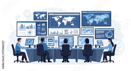 Global Network Operations Center with Team Monitoring World Data on Multiple Screens