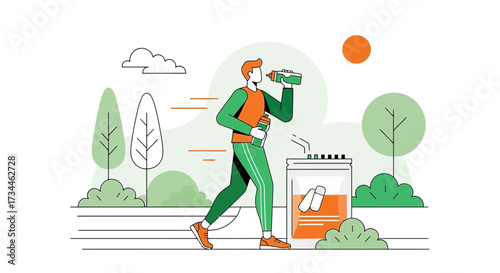 Illustrated artwork depicting a runner hydrating with supplements in a park environment with trees