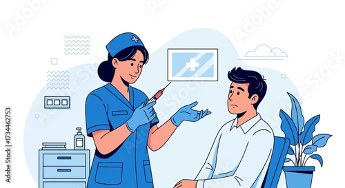 Illustrated medical scene depicting a nurse preparing to give a patient an injection