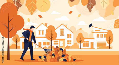 Illustrated autumn scene of a man raking leaves in a suburban neighborhood with seasonal colors