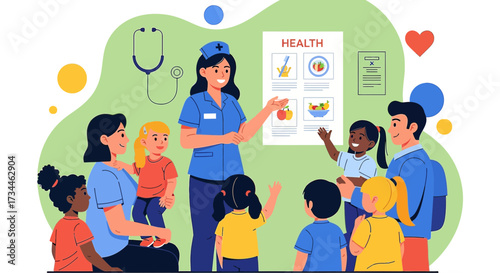 Illustration depicting a nurse teaching a group of children and parents about health and nutrition