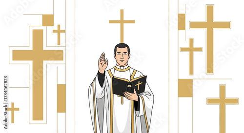 Illustration depicting a priest giving a blessing with crosses symbols of christian faith