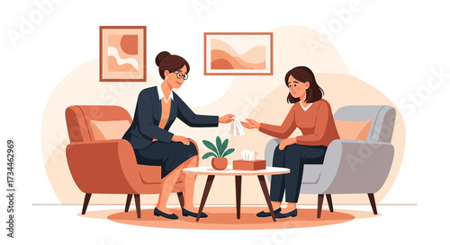 Illustration depicting a therapy session with a woman offering tissues to another woman in a cozy
