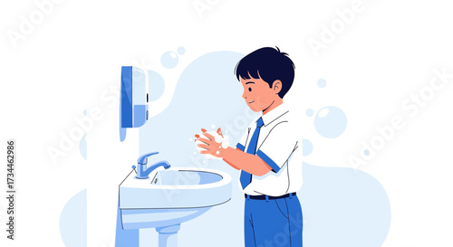 Illustration depicting a young student meticulously washing hands in a school bathroom routine