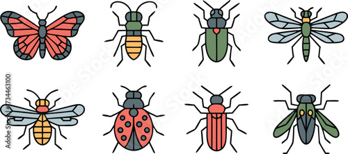 Collection of Eight Geometric Style Icons Featuring Various Insects Like Butterflies Beetles and Flies