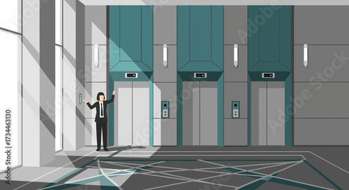 Illustration of a businessman waiting for the elevator in an office building modern design