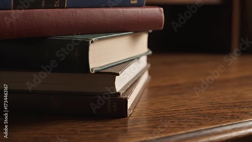 Close-up of a Stack of Old, Hardcover Books on a Wooden Table, Soft Lighting