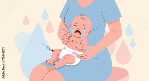 Illustration of a crying baby getting vaccinated with a syringe by a caregiver at the clinic