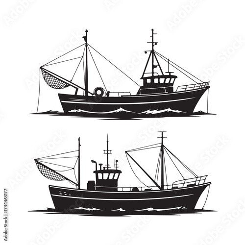 Two silhouette fishing trawlers with nets and sails, isolated on white background technology background