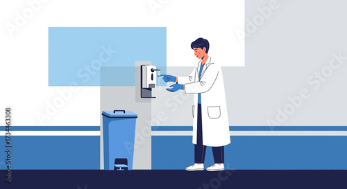 Illustration of a doctor using hand sanitizer in a clinical setting promoting health and safety