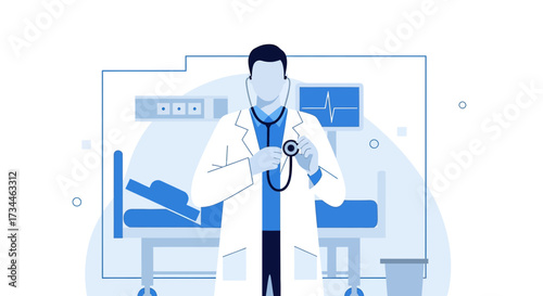 Illustration of a doctor in hospital examining patient with stethoscope, healthcare concept,