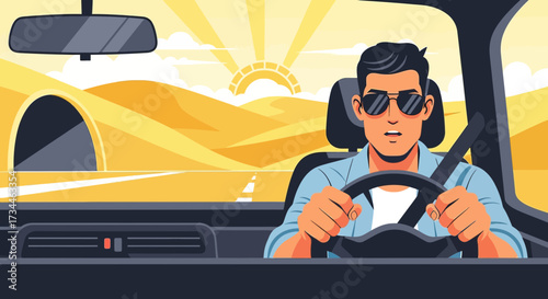 Illustration of a focused man driving through a desert landscape at sunrise or sunset