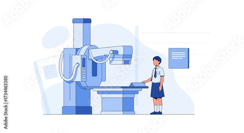 Illustration of a girl in school uniform using an X-ray machine in a medical clinic