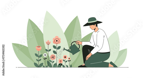 Illustration of a gardener watering flowers in a garden with abstract shapes and pastel colors