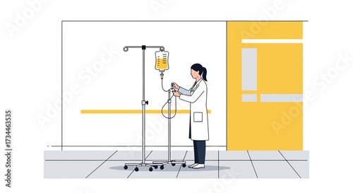 Illustration of a healthcare worker adjusting an IV drip in a hospital setting illustration