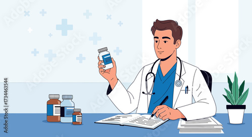 Illustration of a healthcare professional prescribing medication with medical background elements