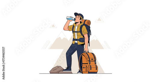 Illustration of a hiker drinking water with a mountain backdrop and hiking equipment