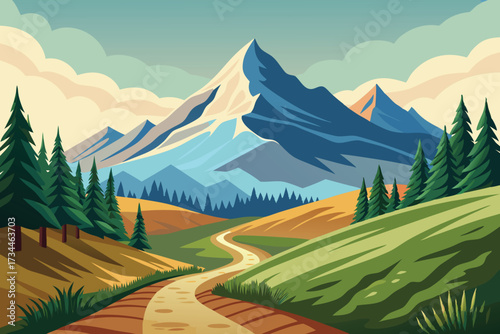 Colorful Cartoon Mountain Landscape with Winding Hiking Path Vector Illustration