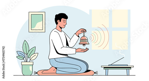 Illustration of a man meditating and using a bell to enhance his spiritual practice indoors
