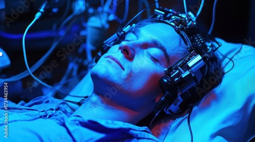 Person lying down, wired to futuristic medical devices