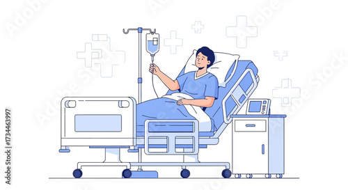 Illustration of a patient receiving intravenous therapy in a hospital bed symbolizing recovery
