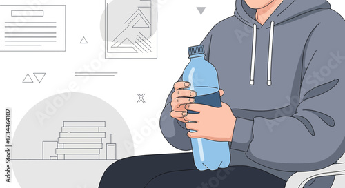 Illustration of a person holding a water bottle in a modern abstract environment showing daily