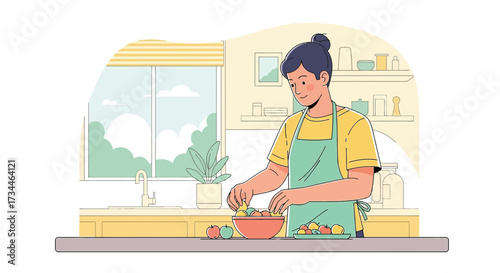 Illustration of a person preparing a fruit salad in a bright and modern kitchen setting