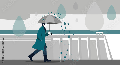 Illustration of a person walking in the rain with an umbrella near the building exterior