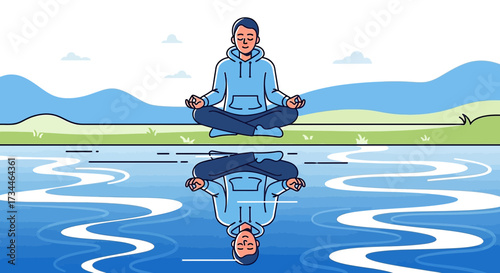Illustration of a serene man meditating by a lake with his reflection creating a peaceful atmosphere