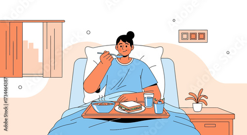 Illustration of a Smiling Woman Eating Meal in Bed, Representing Recovery and Comfort at Home