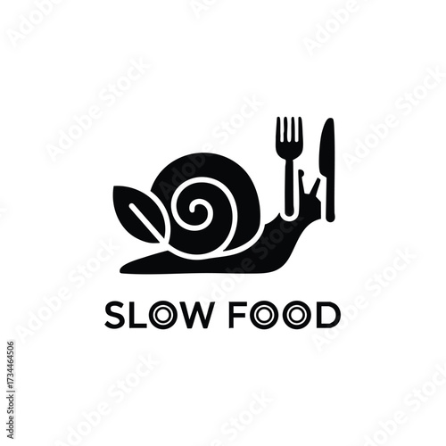 Minimalist snail with a leaf and cutlery representing slow food movement emphasizing natural and sustainable eating practices