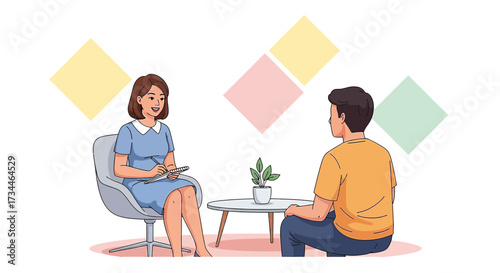 Illustration of a therapy session between a therapist and a patient addressing mental health