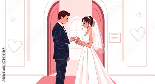 Illustration of a wedding ceremony with a bride and groom exchanging rings happily ever after