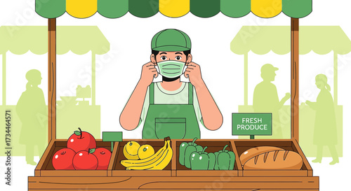 Illustration of a vendor wearing a mask selling fresh produce at a farmers market stall