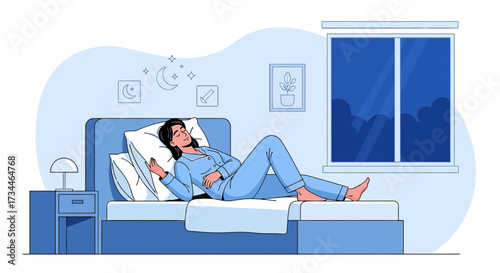 Illustration of a woman sleeping peacefully in her bed at night for concept illustration, and