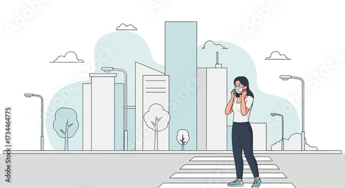 Illustration of a woman wearing a mask in a city respecting safety measures during pandemic era