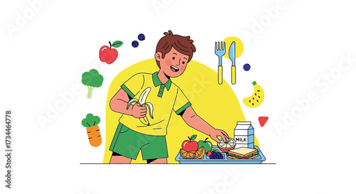 Illustration of a young boy choosing healthy food options for a balanced diet meal