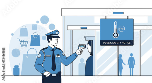 Illustration of security guard using contactless thermometer at store entrance
