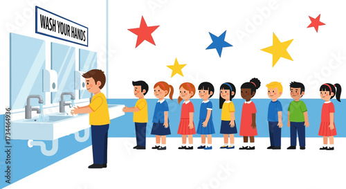 Illustration of students washing hands in a school bathroom to prevent the spread of germs