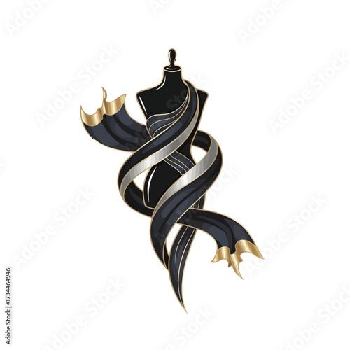 Elegant Fashion Brand Logo – Stylized Mannequin with Flowing Abstract Fabric Ribbons, Metallic Accents, Luxury Vector Design