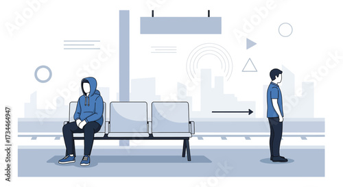 Illustration of urban scene depicting social distancing at a train station platform during pandemic